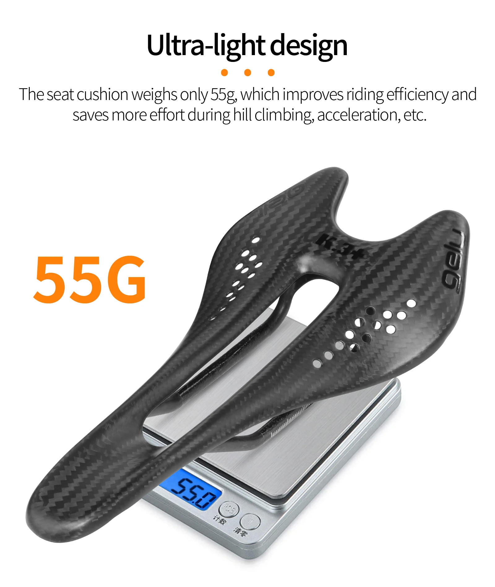 Gelu 55g Ultra-light Full Carbon Fiber Bicycle Saddle - Hollow, Breathable, Ergonomic for MTB & Highway Bikes