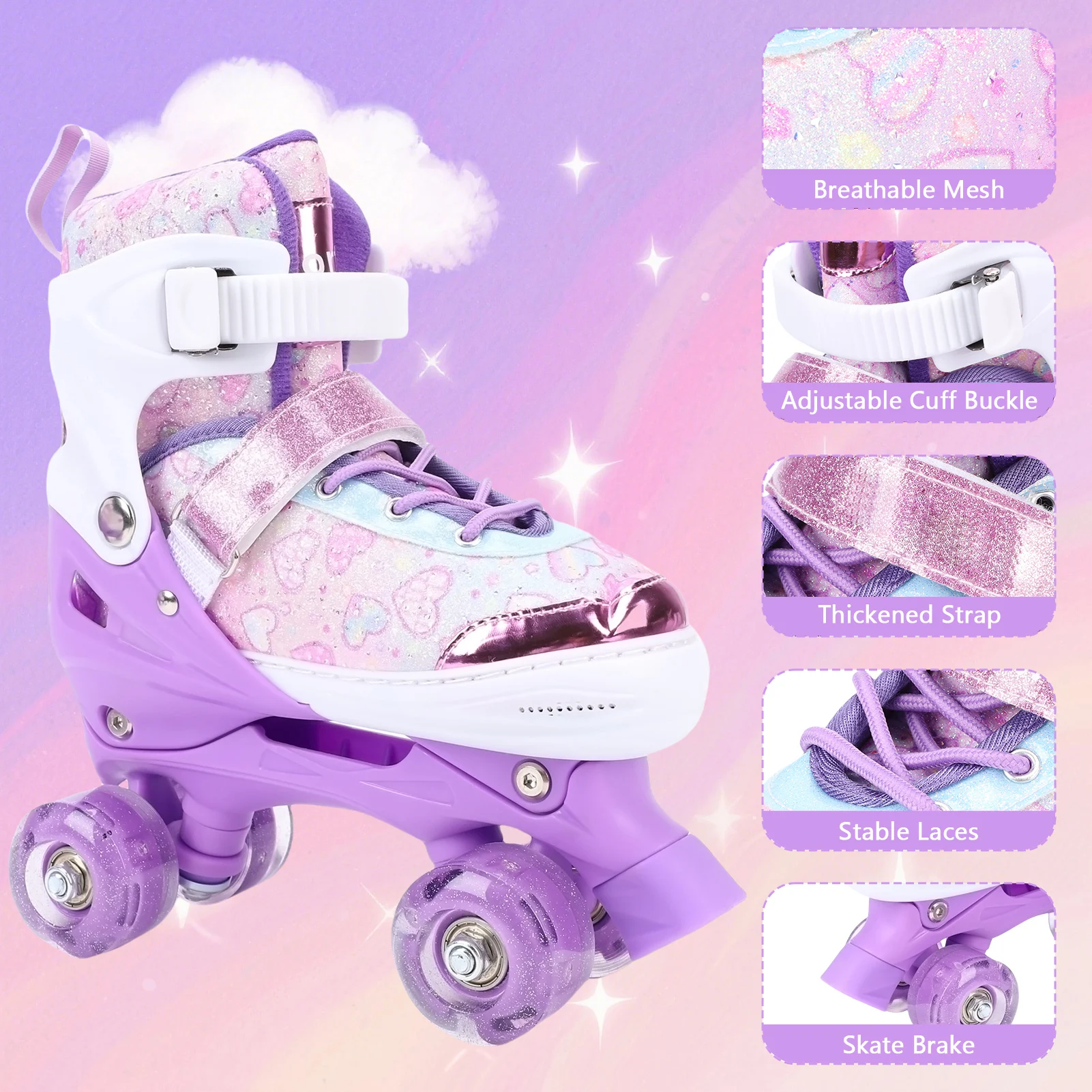 Tomshoo Roller Skates for Kids Girls Ages 6-12 4Size Adjustable Flashing Wheel ABEC Bearing Triple Protection for Outdoor Indoor