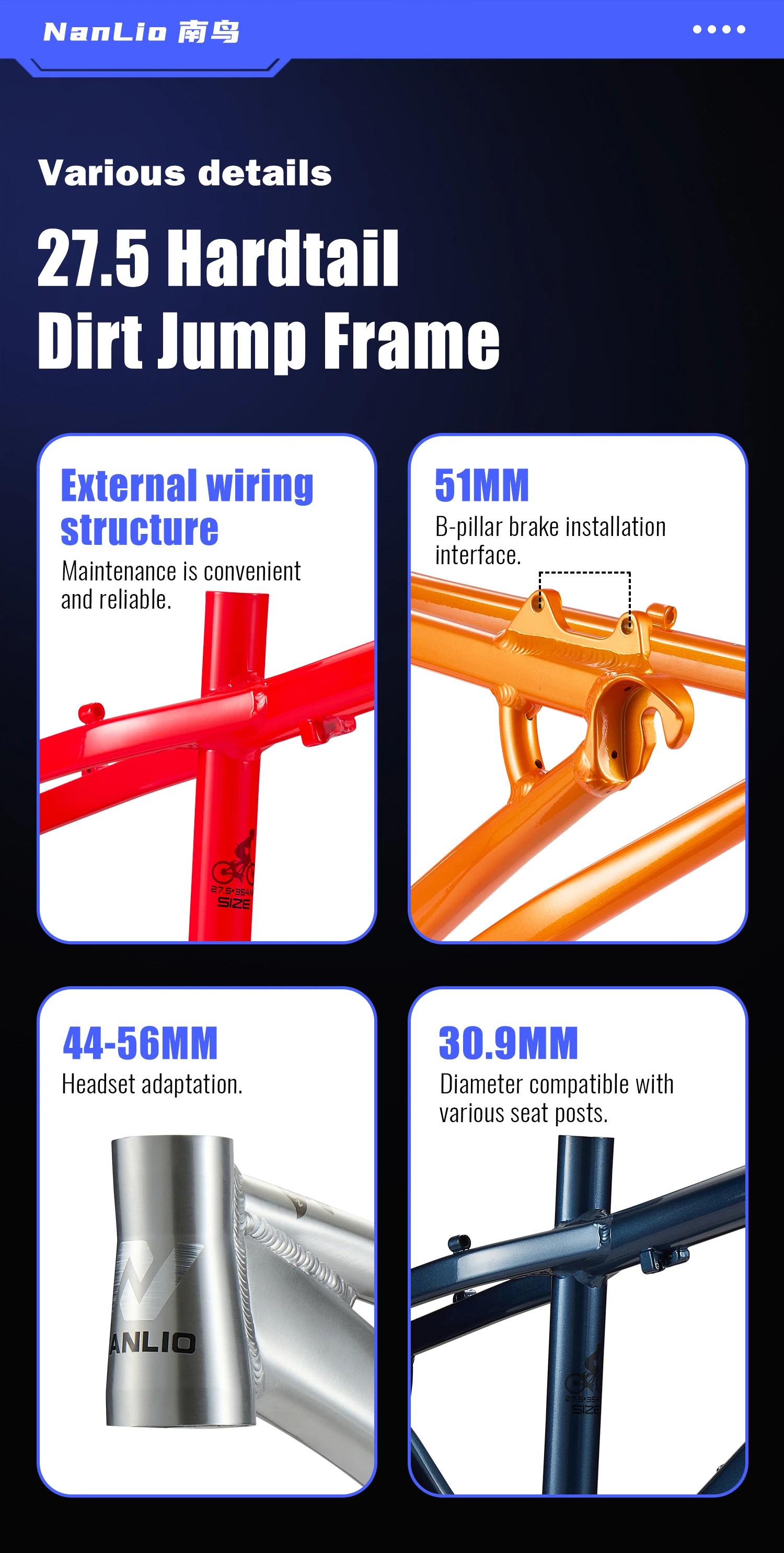 NANLIO XR550 Dirt Jump Bike Frame 26 27.5 Inch Aluminum Alloy MTB Hardtail Frame QR Pump Track 4X with Seatpost Clamp