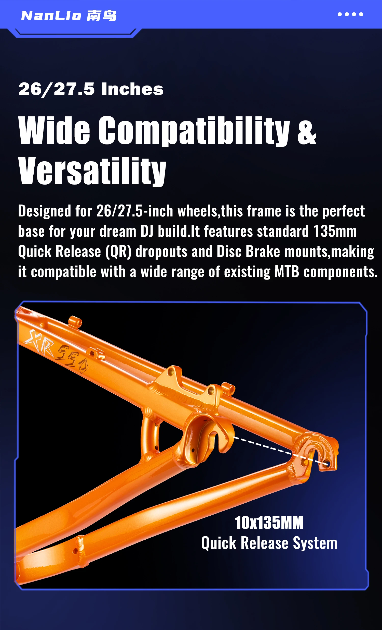NANLIO XR550 Dirt Jump Bike Frame 26 27.5 Inch Aluminum Alloy MTB Hardtail Frame QR Pump Track 4X with Seatpost Clamp