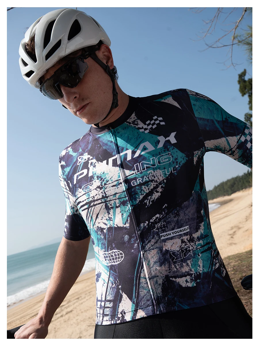 PHMAX Men Mountain Bike Jersey Short Sleeve Cycling Jerseys with 3 Pockets Cycling Racing Jersey Full-Zip Design Biking Clothing