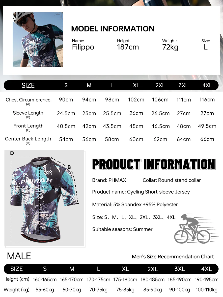 PHMAX Men Mountain Bike Jersey Short Sleeve Cycling Jerseys with 3 Pockets Cycling Racing Jersey Full-Zip Design Biking Clothing