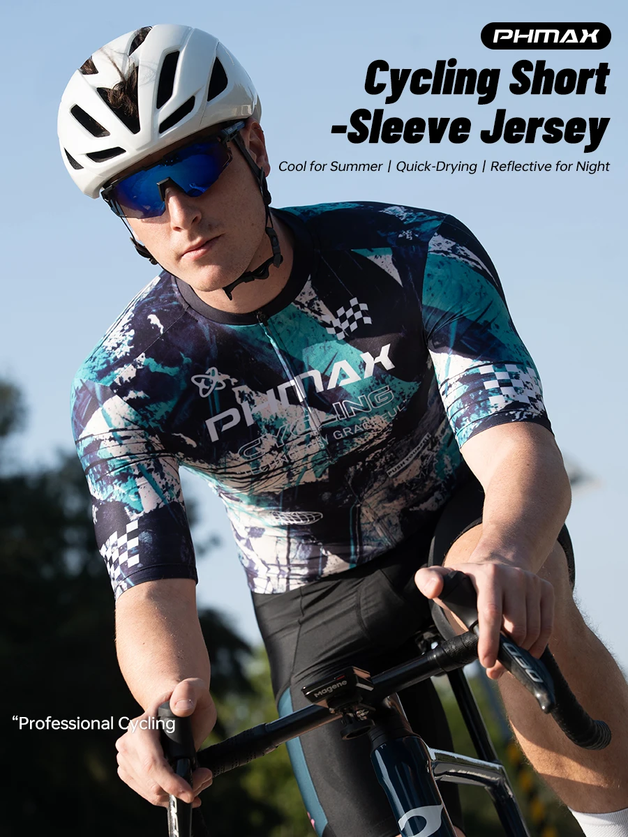 PHMAX Men Mountain Bike Jersey Short Sleeve Cycling Jerseys with 3 Pockets Cycling Racing Jersey Full-Zip Design Biking Clothing