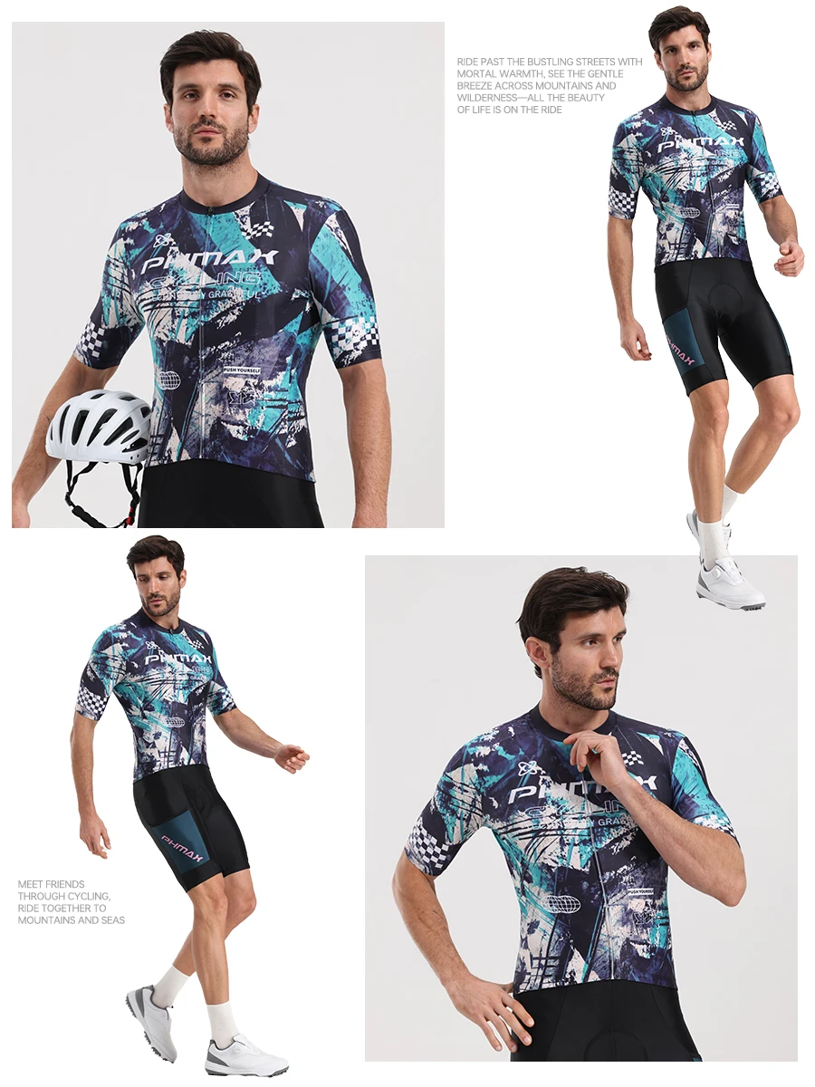 PHMAX Men Mountain Bike Jersey Short Sleeve Cycling Jerseys with 3 Pockets Cycling Racing Jersey Full-Zip Design Biking Clothing