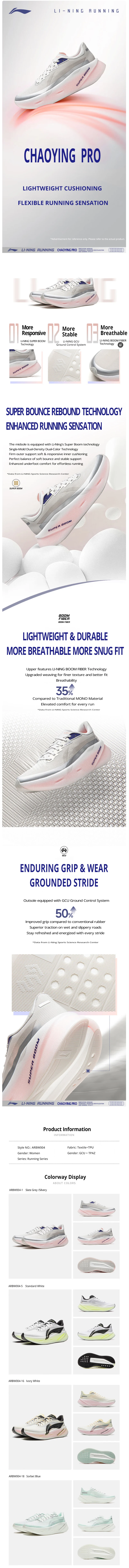 Li-Ning Women's CHAOYING PRO Cushion Running Shoes SUPER BOOM Lightweight Breathable LiNing Daily Sports Shoes ARBW004