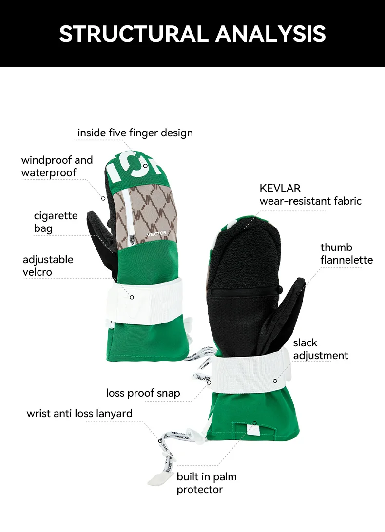 Vector Women Men Outdoor Double Board Snowboard Kevlar Waterproof Wear-resistant Semi Detachable Gloves 3M Cotton