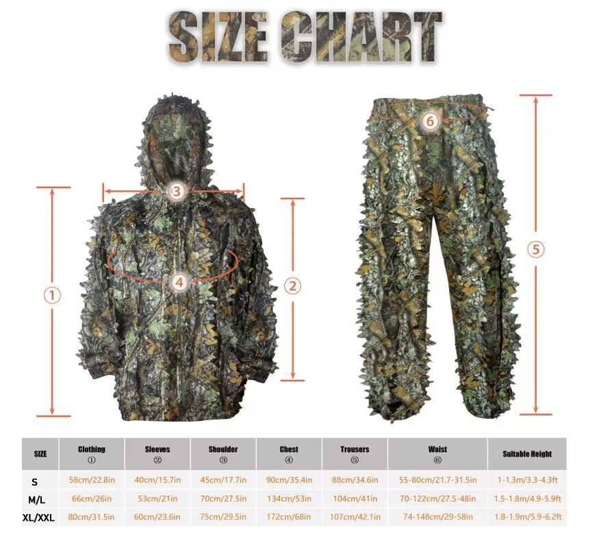 Breathable Camouflage Hunting Suit for Men Woman Lightweight and Hooded Wild Leafy Design woodland hunter ghillie suit  6 in 1