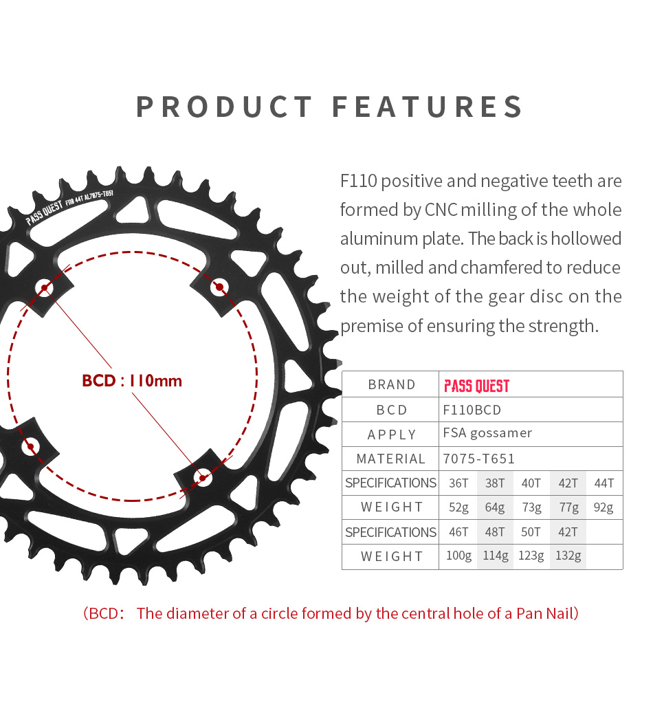 PASS QUEST F110BCD Round Road Bike Narrow and Wide Sprocket 36T-52T Suitable for FSA Gossamer Sprocket Bicycle Parts