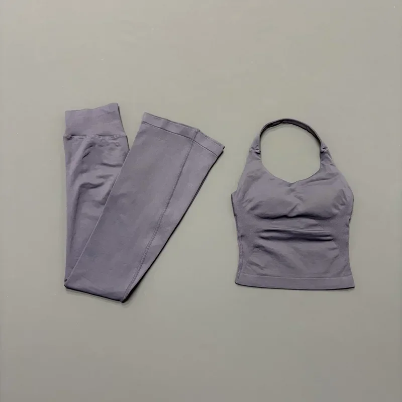 2Piece Gym Fitness Set Women Seamless Halter Tank Top and Hip Lifting Flared Yoga Pants Running Workout Sports Sets