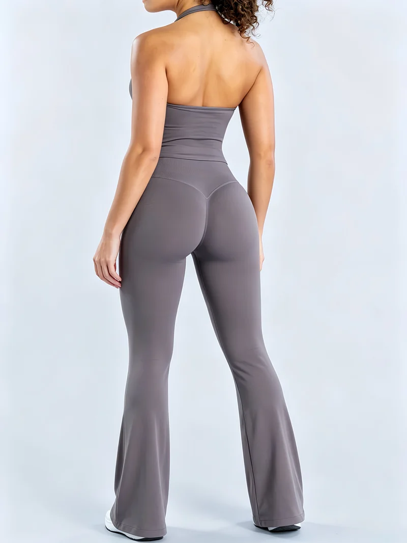 2Piece Gym Fitness Set Women Seamless Halter Tank Top and Hip Lifting Flared Yoga Pants Running Workout Sports Sets