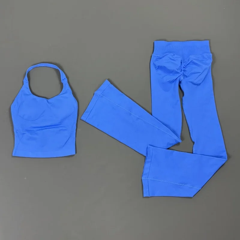 2Piece Gym Fitness Set Women Seamless Halter Tank Top and Hip Lifting Flared Yoga Pants Running Workout Sports Sets
