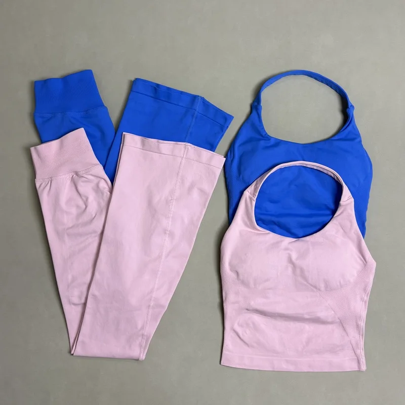 2Piece Gym Fitness Set Women Seamless Halter Tank Top and Hip Lifting Flared Yoga Pants Running Workout Sports Sets