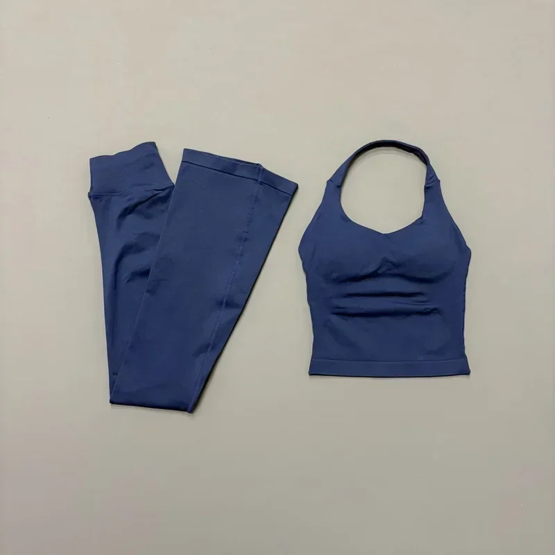 2Piece Gym Fitness Set Women Seamless Halter Tank Top and Hip Lifting Flared Yoga Pants Running Workout Sports Sets