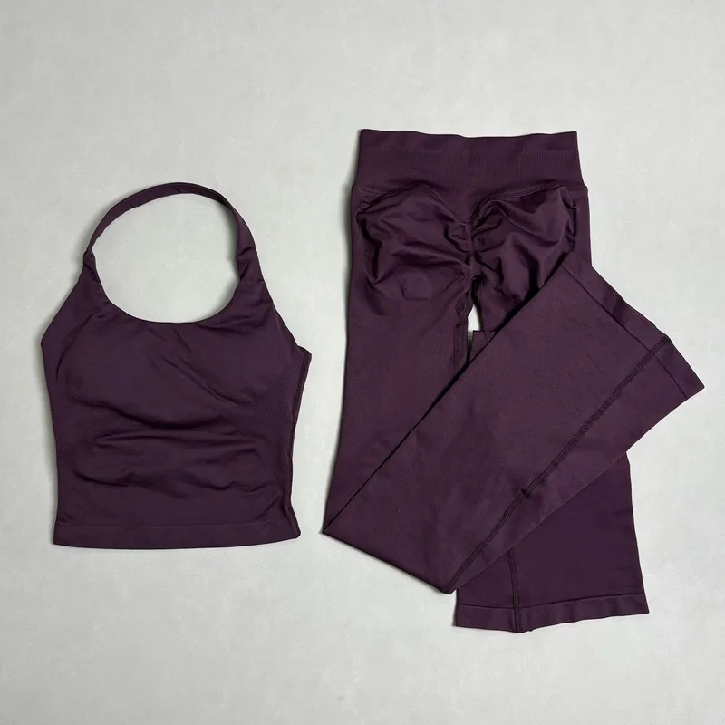 2Piece Gym Fitness Set Women Seamless Halter Tank Top and Hip Lifting Flared Yoga Pants Running Workout Sports Sets