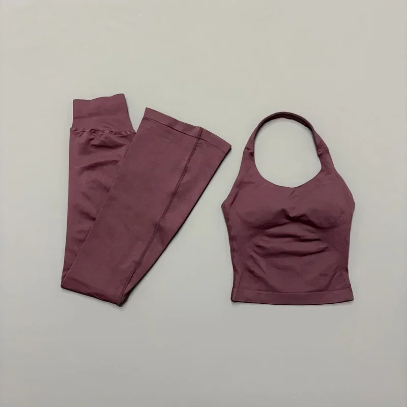 2Piece Gym Fitness Set Women Seamless Halter Tank Top and Hip Lifting Flared Yoga Pants Running Workout Sports Sets