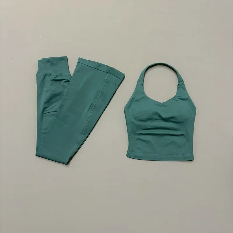 2Piece Gym Fitness Set Women Seamless Halter Tank Top and Hip Lifting Flared Yoga Pants Running Workout Sports Sets
