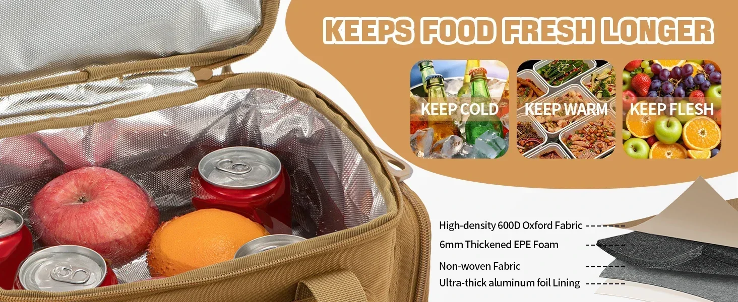 Unisex Tactical Insulated Lunch Bag with Expandable 18L Capacity, Leakproof and Heavy-Duty for Long-Lasting Cold Retention. Great for Daily Office Meal Transport, Work Commutes, Camping Trips, Picnics and All Outdoor Adventures.