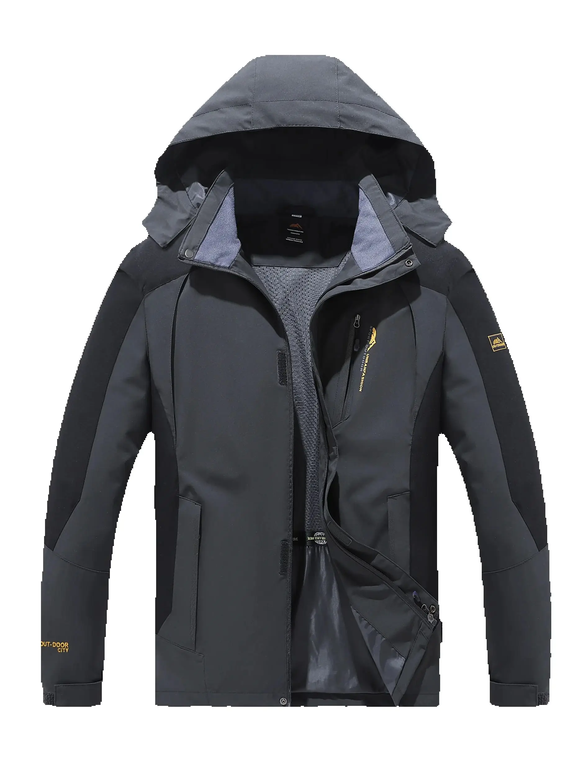 Men's Spring and Autumn Outdoor Water-Repellent Jacket, Windproof and Wear-Resistant, with Detachable Hood, Suitable for Outdoor Camping, Fishing, Mountaineering, and Hiking Activities