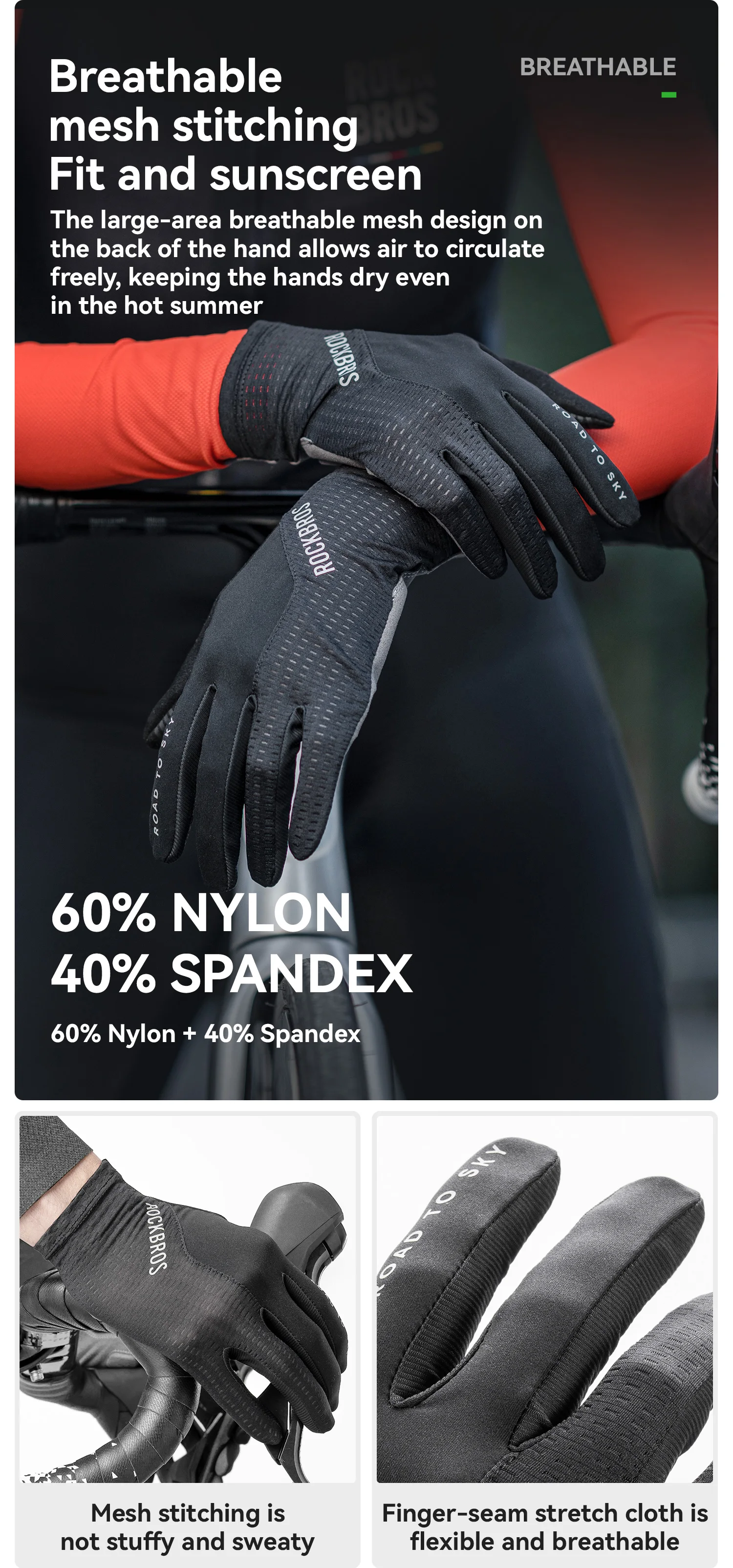 ROCKBROS ROAD TO SKY Cycling Gloves Full Finger Summer Breathable Bicycle Gloves Touch Screen Padded Sun protection Bike Gloves