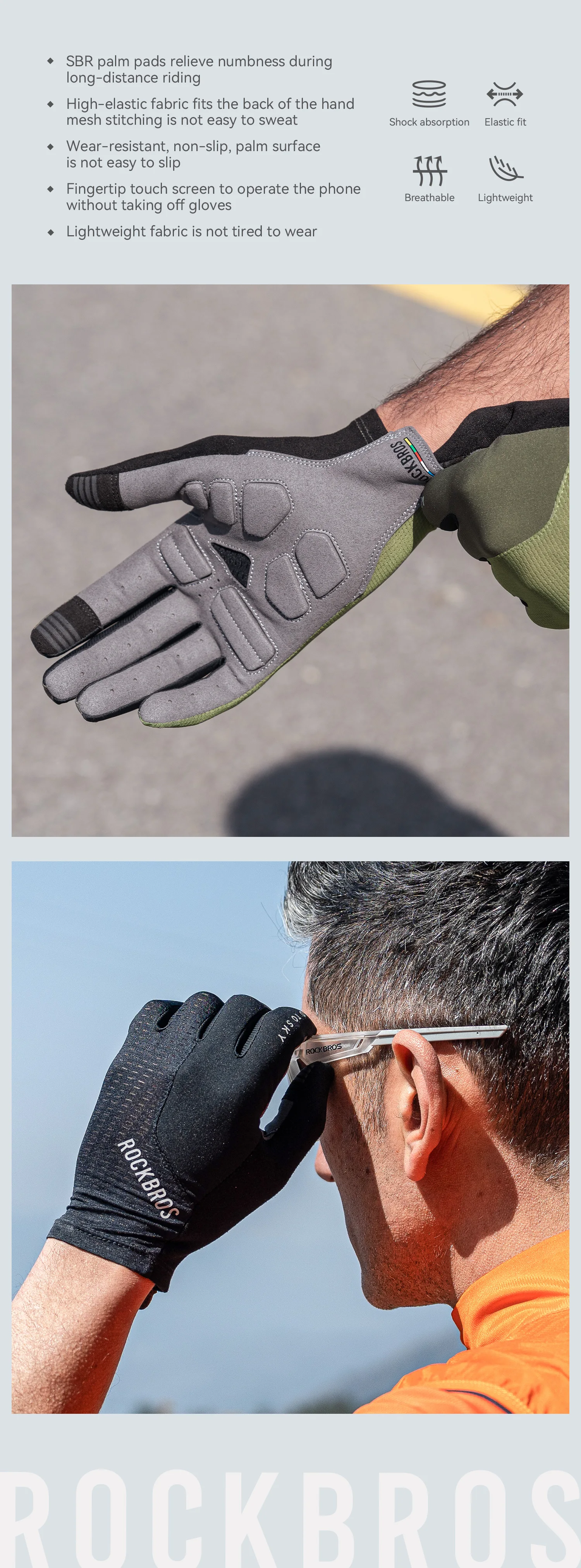 ROCKBROS ROAD TO SKY Cycling Gloves Full Finger Summer Breathable Bicycle Gloves Touch Screen Padded Sun protection Bike Gloves