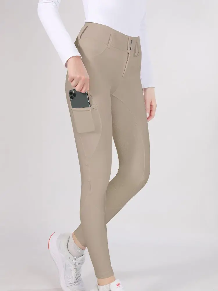 MXLLINA Button Zipper Horse Riding Pants Women Equestrian Leggings Breeches Competition Full Silicone Sports Tights Equipment