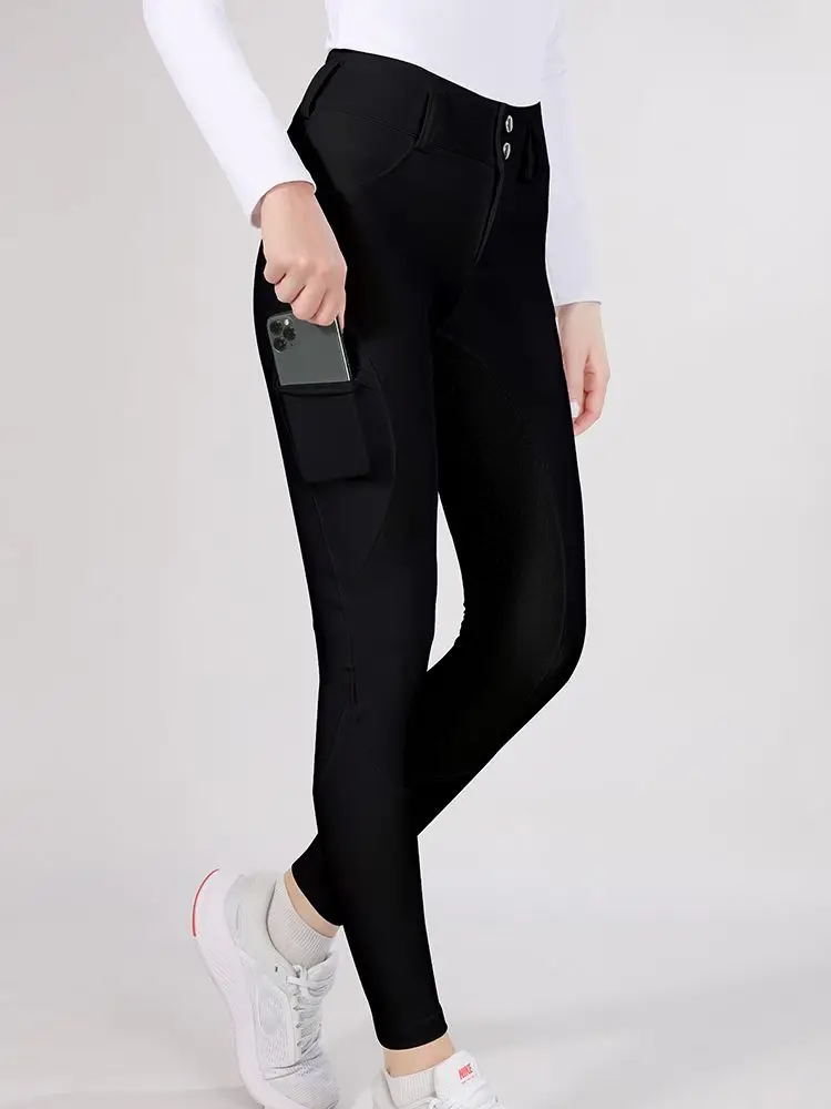 MXLLINA Button Zipper Horse Riding Pants Women Equestrian Leggings Breeches Competition Full Silicone Sports Tights Equipment