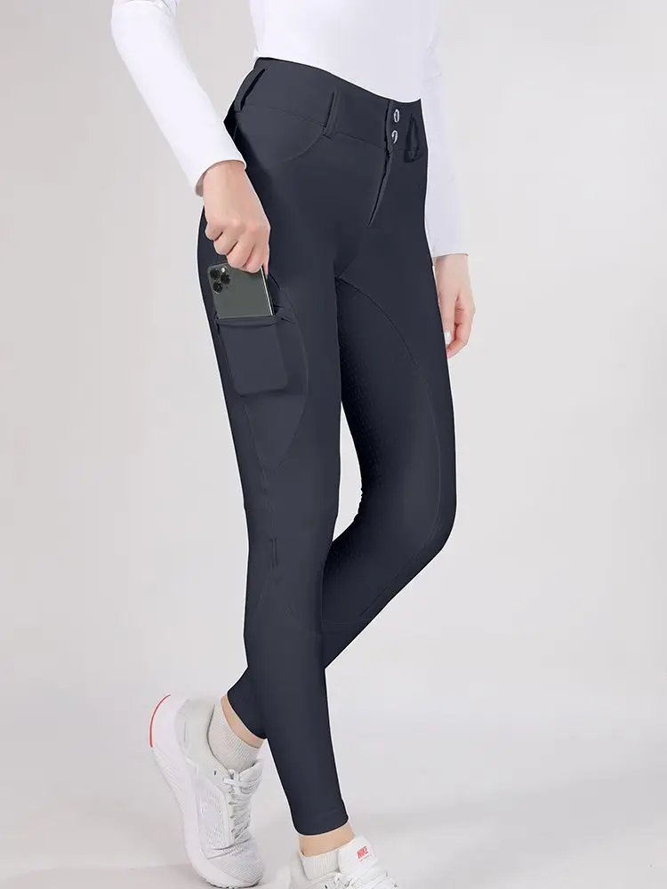MXLLINA Button Zipper Horse Riding Pants Women Equestrian Leggings Breeches Competition Full Silicone Sports Tights Equipment