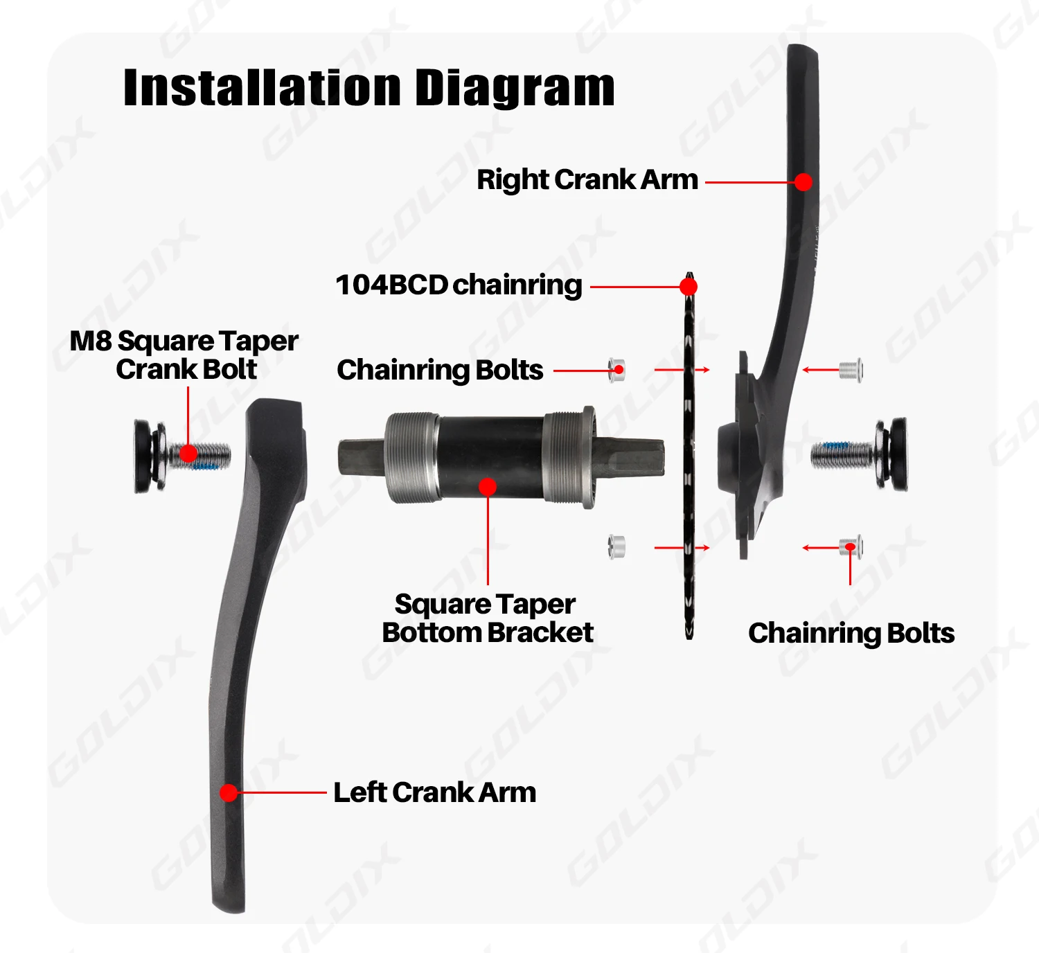 GOLDIX Square Hole Bicycle Crankset Aluminum Alloy MTB Crank 165/170/175mm Length Narrow Wide Teeth 104BCD 32/34/36/38/40/42T