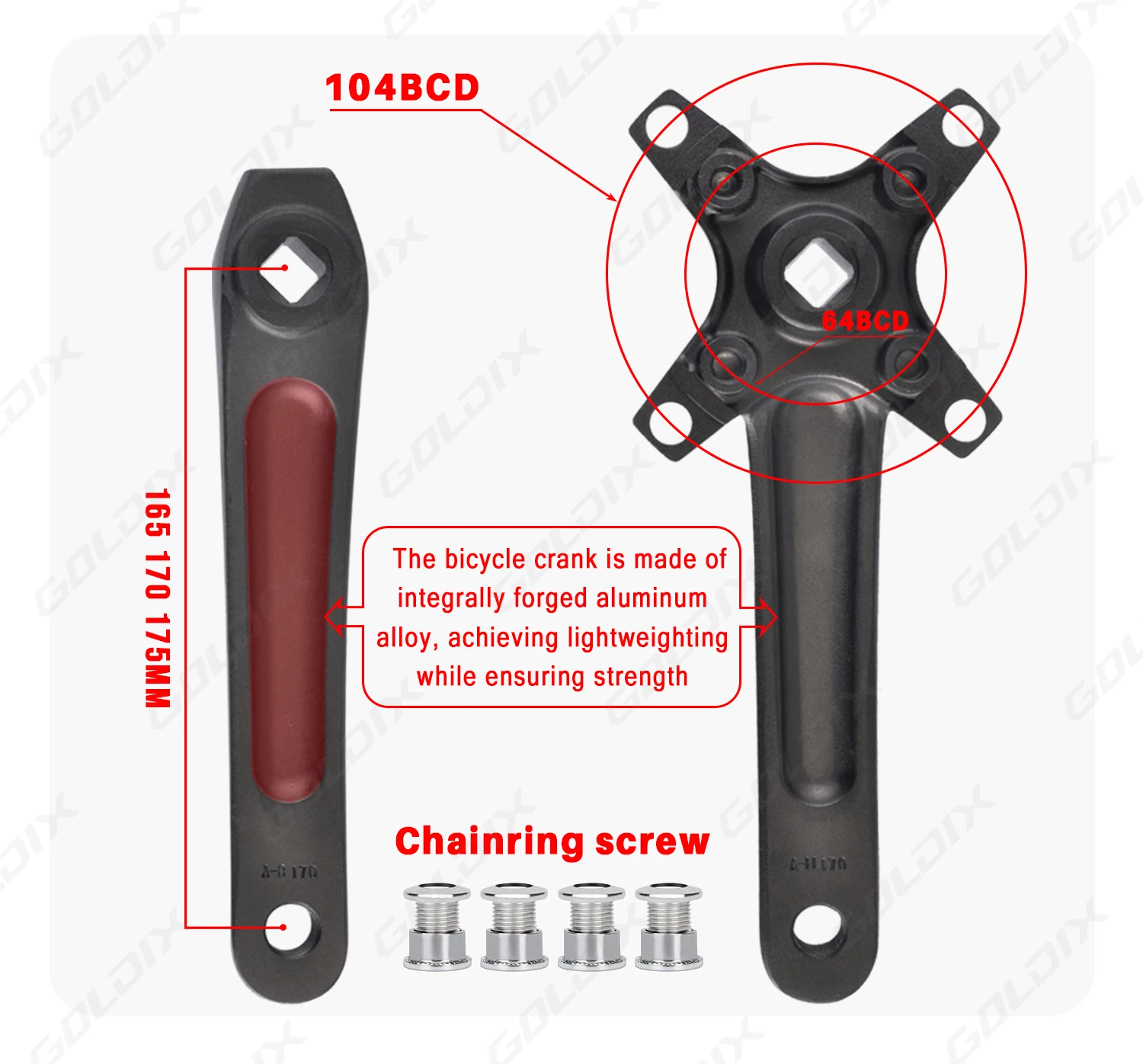 GOLDIX Square Hole Bicycle Crankset Aluminum Alloy MTB Crank 165/170/175mm Length Narrow Wide Teeth 104BCD 32/34/36/38/40/42T