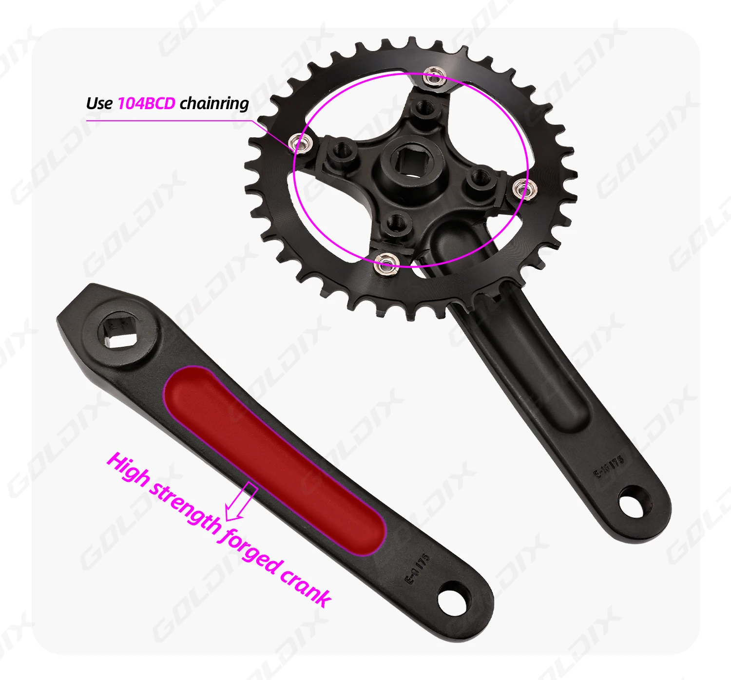 GOLDIX Square Hole Bicycle Crankset Aluminum Alloy MTB Crank 165/170/175mm Length Narrow Wide Teeth 104BCD 32/34/36/38/40/42T