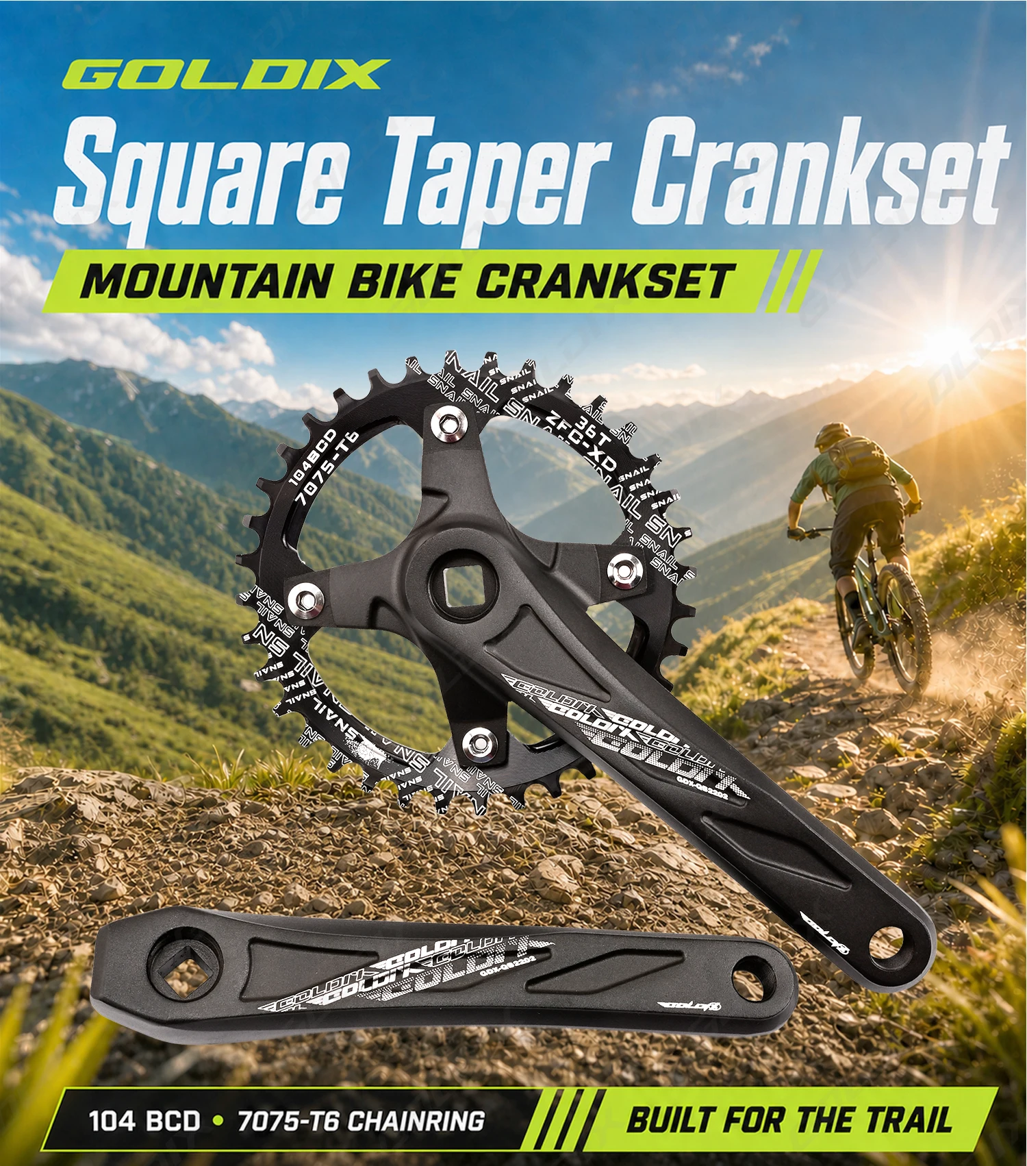 GOLDIX Square Hole Bicycle Crankset Aluminum Alloy MTB Crank 165/170/175mm Length Narrow Wide Teeth 104BCD 32/34/36/38/40/42T