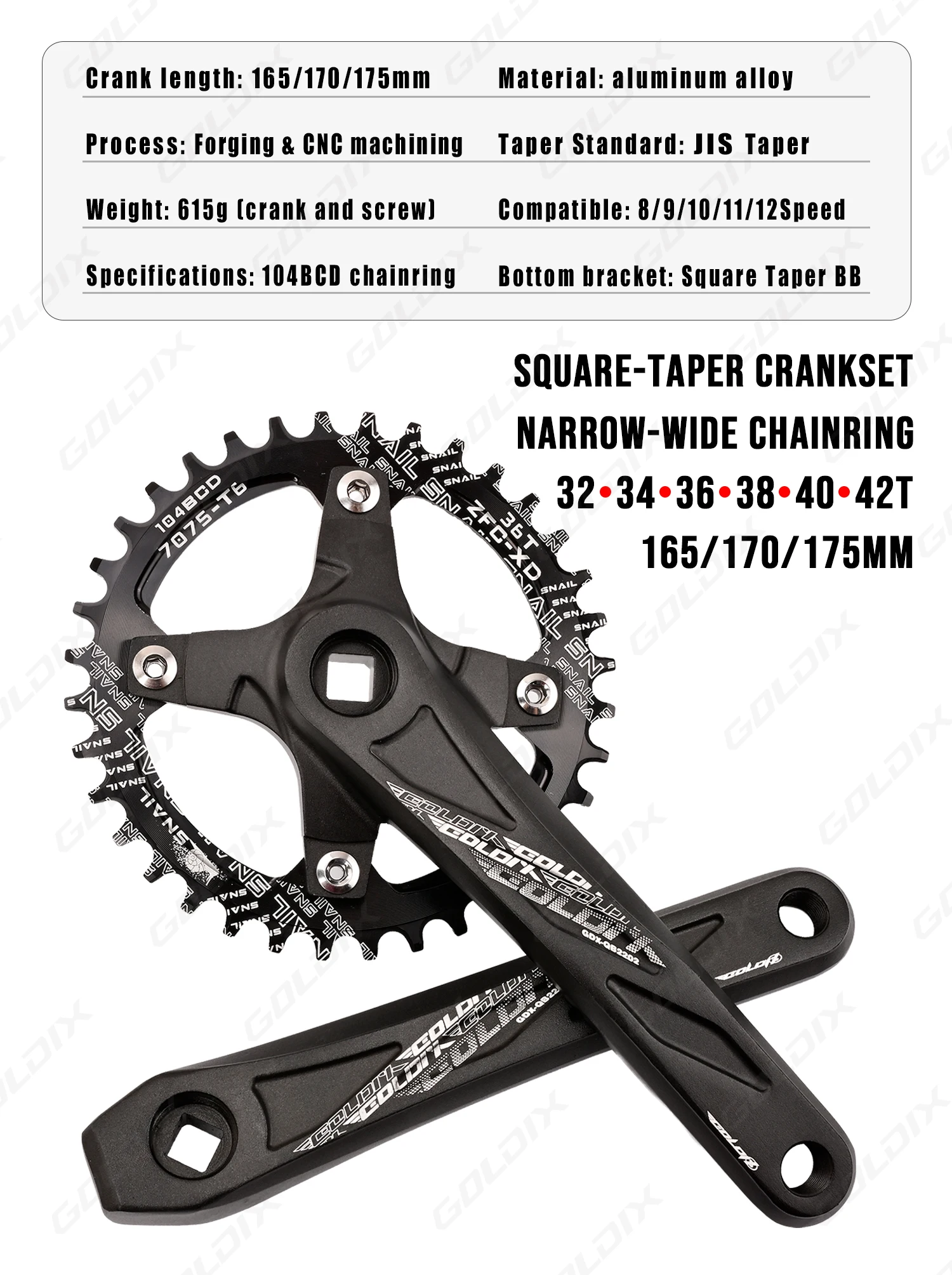 GOLDIX Square Hole Bicycle Crankset Aluminum Alloy MTB Crank 165/170/175mm Length Narrow Wide Teeth 104BCD 32/34/36/38/40/42T