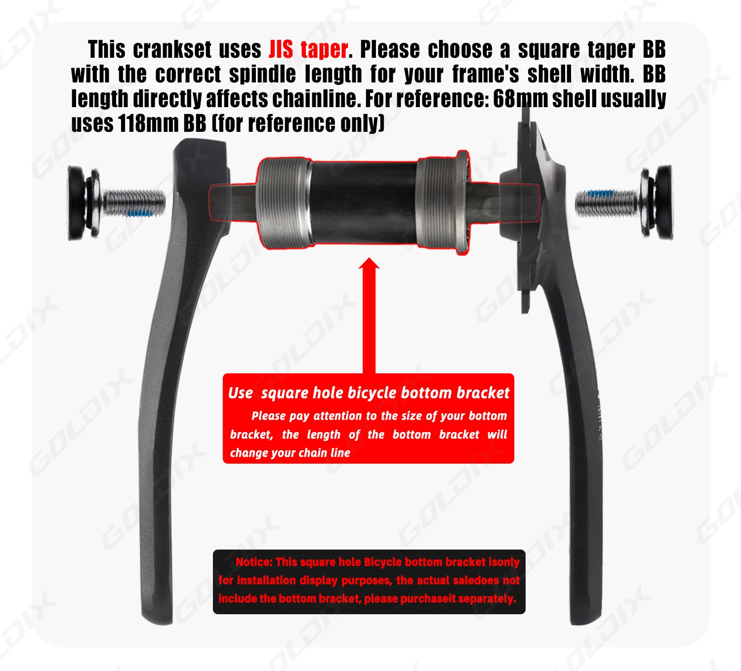GOLDIX Square Hole Bicycle Crankset Aluminum Alloy MTB Crank 165/170/175mm Length Narrow Wide Teeth 104BCD 32/34/36/38/40/42T