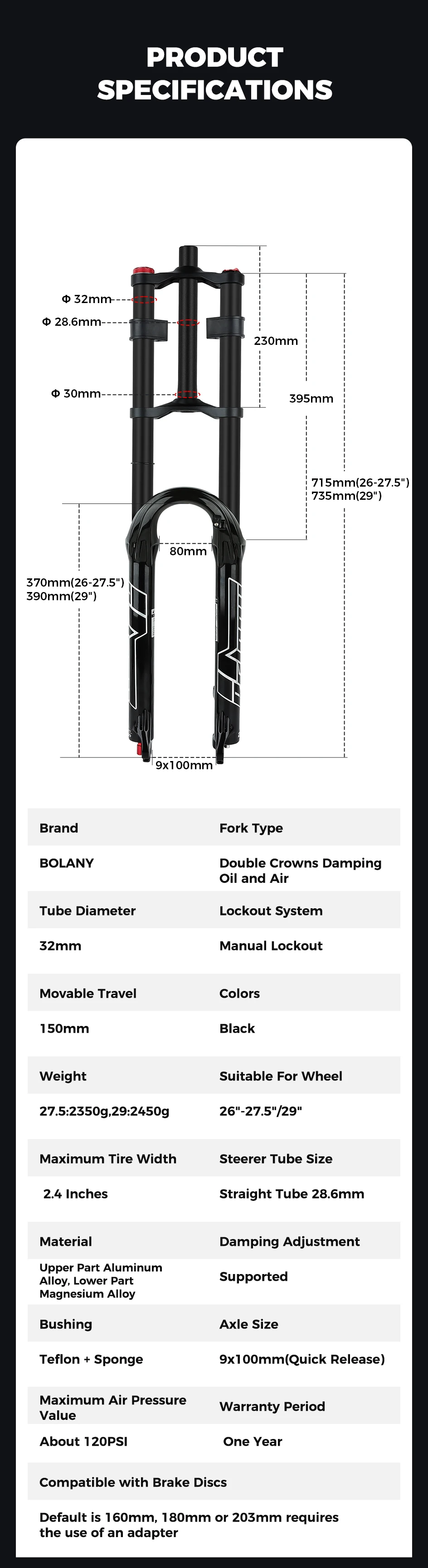 BOLANY Double Crown Bicycle Air Fork 27.5 29 inch MTB Air Suspension 9x100mm Quick Release Bike Fork for Mountain Bike