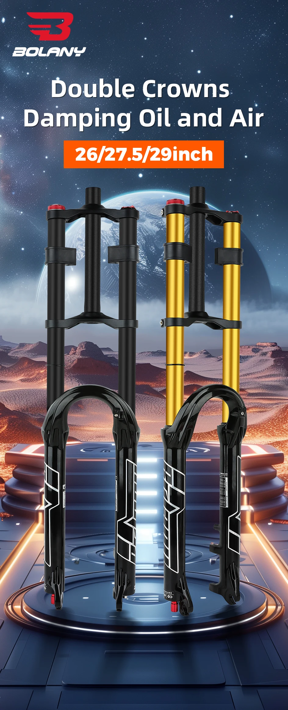 BOLANY Double Crown Bicycle Air Fork 27.5 29 inch MTB Air Suspension 9x100mm Quick Release Bike Fork for Mountain Bike