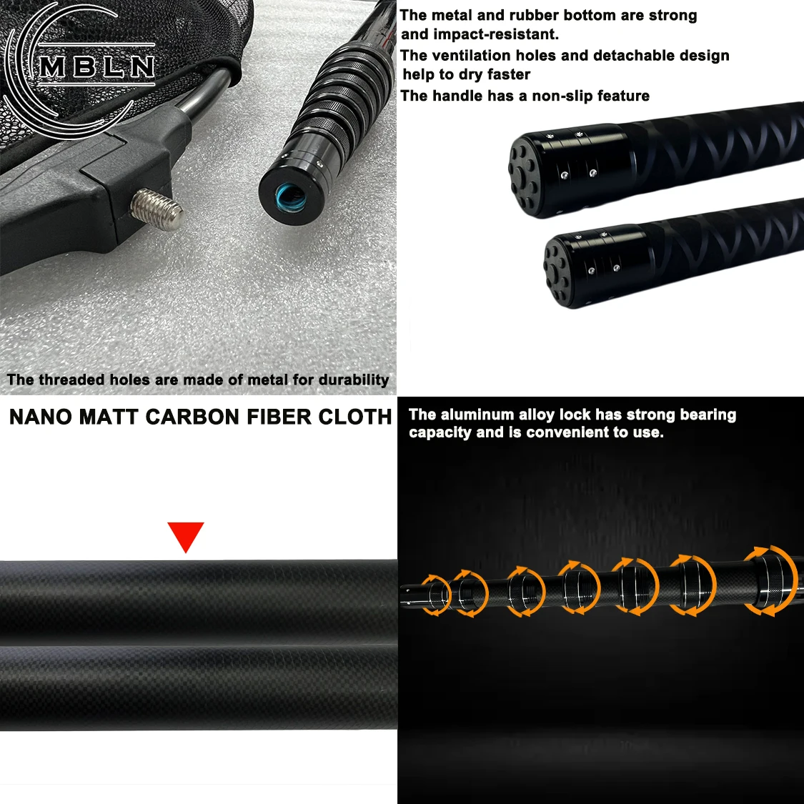 MBLN Carbon Fiber Shovel Net, 3M Telescopic Pole, 45CM Net Head, Folded Length 58.5CM, Double-Layer Carbon Fiber, Positionable