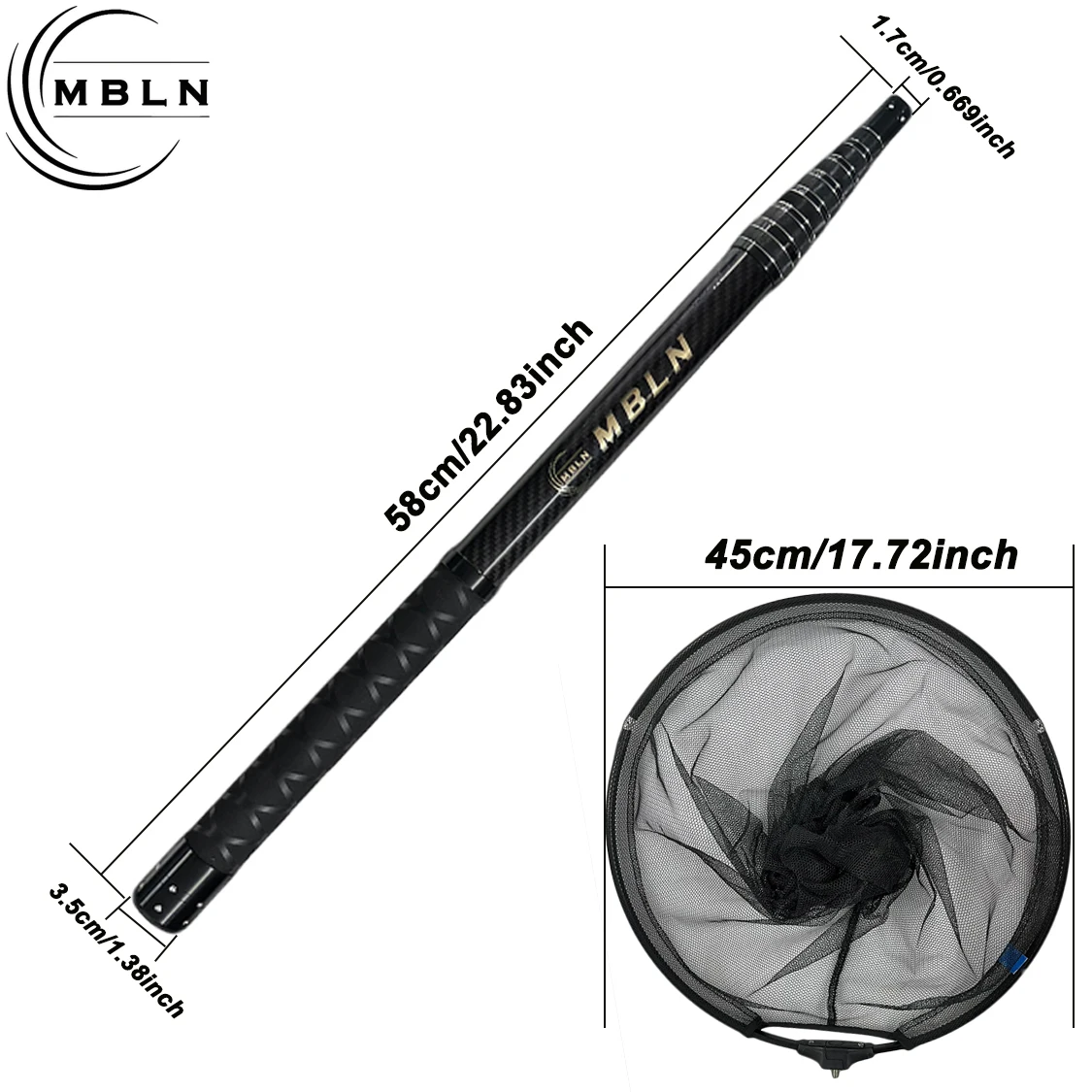 MBLN Carbon Fiber Shovel Net, 3M Telescopic Pole, 45CM Net Head, Folded Length 58.5CM, Double-Layer Carbon Fiber, Positionable