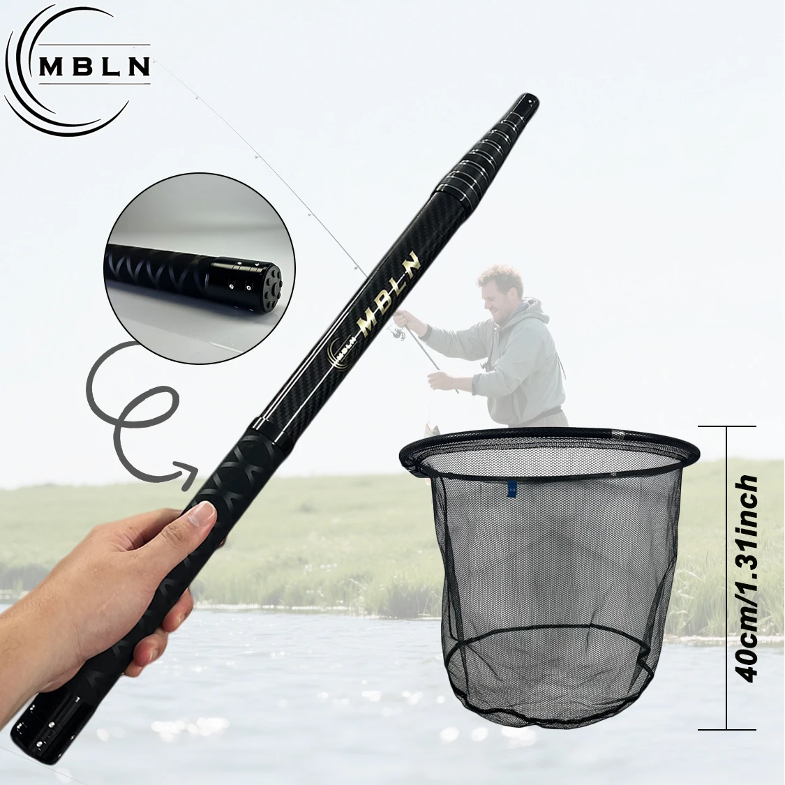 MBLN Carbon Fiber Shovel Net, 3M Telescopic Pole, 45CM Net Head, Folded Length 58.5CM, Double-Layer Carbon Fiber, Positionable