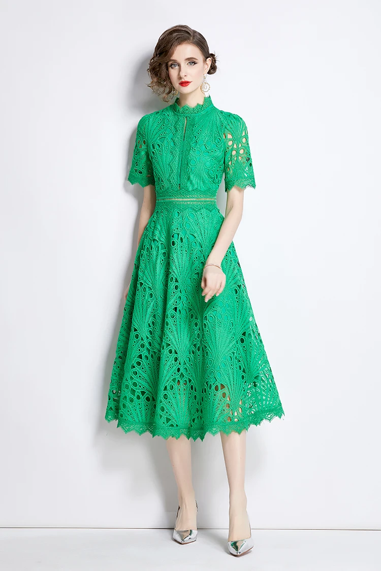 H Han Queen Spring New Elegant Casual Work Party Dresses Floral Crochet Hollow Out Lace Patchwork Casual Office Midi Dress