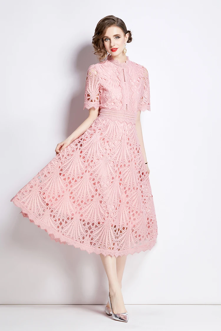 H Han Queen Spring New Elegant Casual Work Party Dresses Floral Crochet Hollow Out Lace Patchwork Casual Office Midi Dress