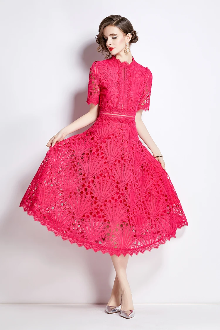 H Han Queen Spring New Elegant Casual Work Party Dresses Floral Crochet Hollow Out Lace Patchwork Casual Office Midi Dress