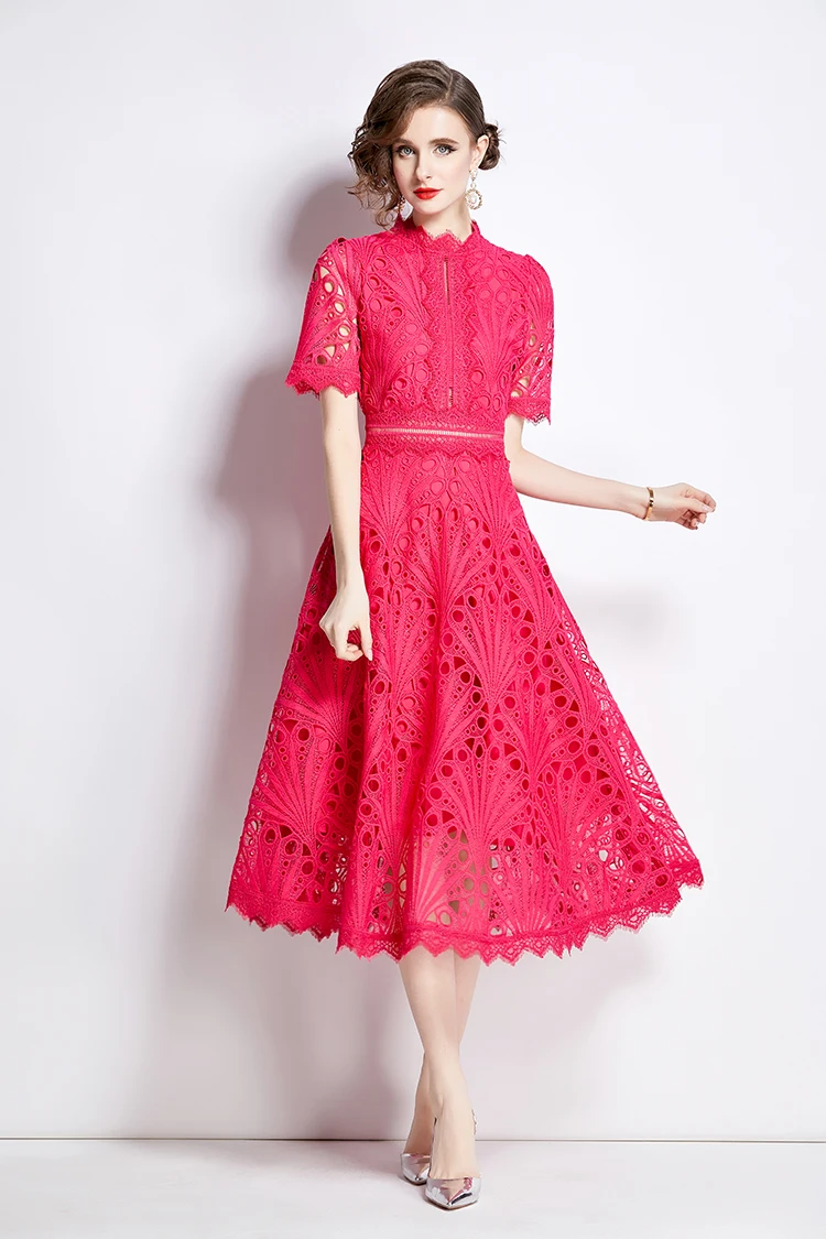 H Han Queen Spring New Elegant Casual Work Party Dresses Floral Crochet Hollow Out Lace Patchwork Casual Office Midi Dress