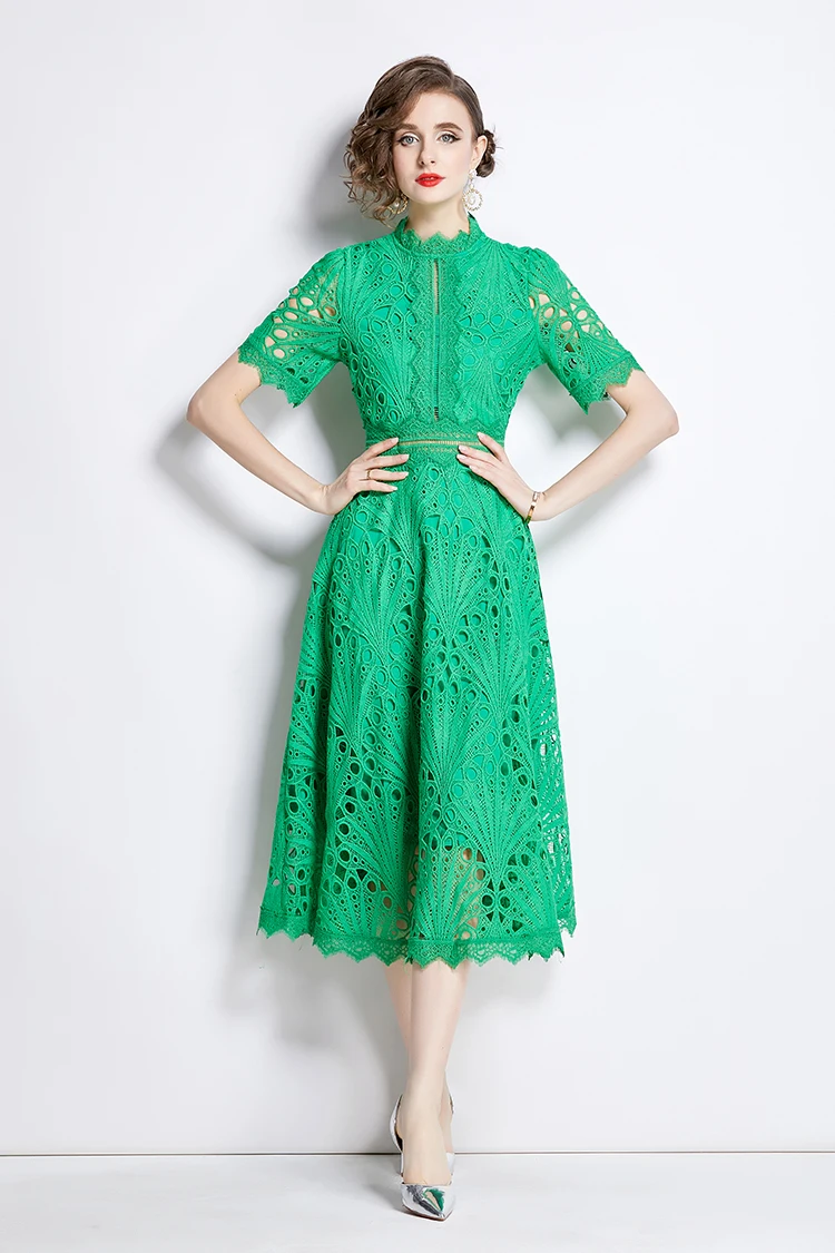 H Han Queen Spring New Elegant Casual Work Party Dresses Floral Crochet Hollow Out Lace Patchwork Casual Office Midi Dress