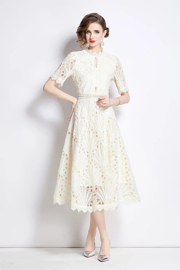 H Han Queen Spring New Elegant Casual Work Party Dresses Floral Crochet Hollow Out Lace Patchwork Casual Office Midi Dress