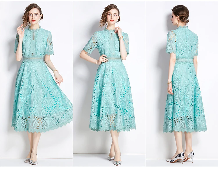 H Han Queen Spring New Elegant Casual Work Party Dresses Floral Crochet Hollow Out Lace Patchwork Casual Office Midi Dress