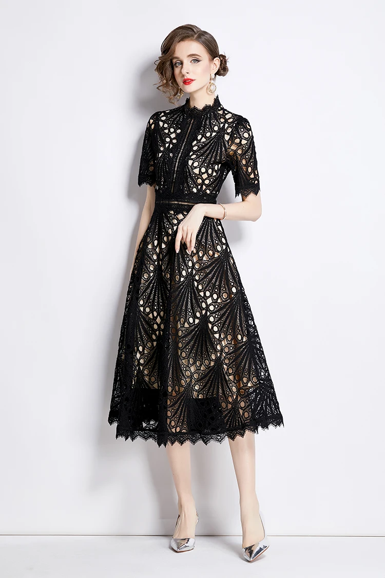 H Han Queen Spring New Elegant Casual Work Party Dresses Floral Crochet Hollow Out Lace Patchwork Casual Office Midi Dress