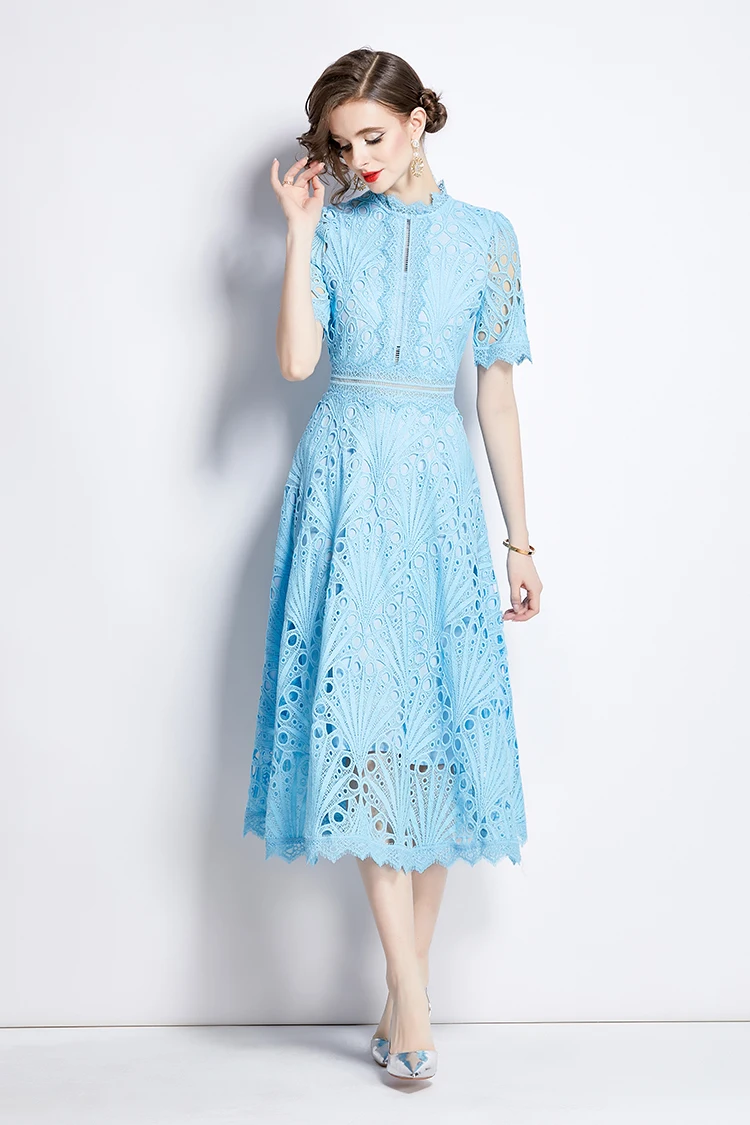 H Han Queen Spring New Elegant Casual Work Party Dresses Floral Crochet Hollow Out Lace Patchwork Casual Office Midi Dress