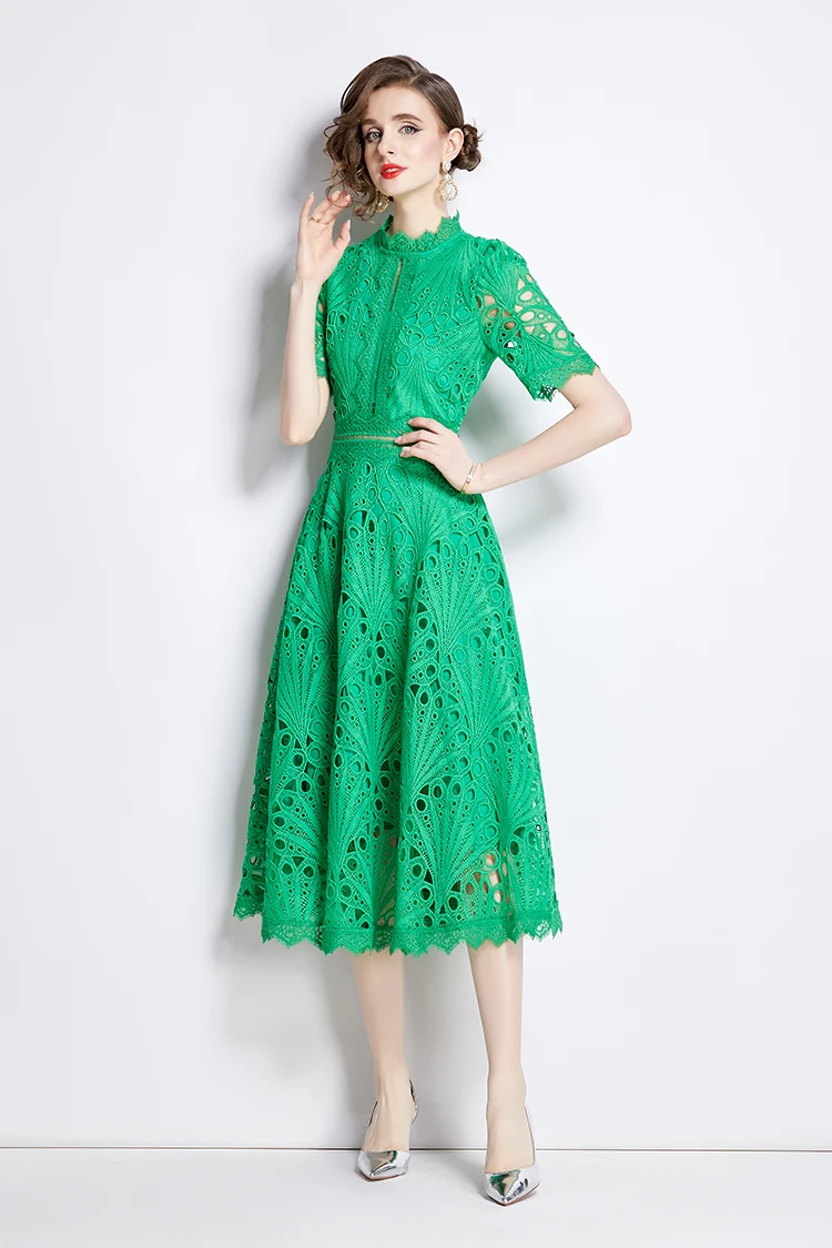 H Han Queen Spring New Elegant Casual Work Party Dresses Floral Crochet Hollow Out Lace Patchwork Casual Office Midi Dress