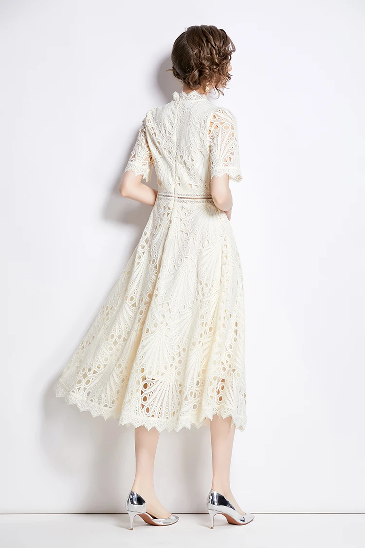 H Han Queen Spring New Elegant Casual Work Party Dresses Floral Crochet Hollow Out Lace Patchwork Casual Office Midi Dress
