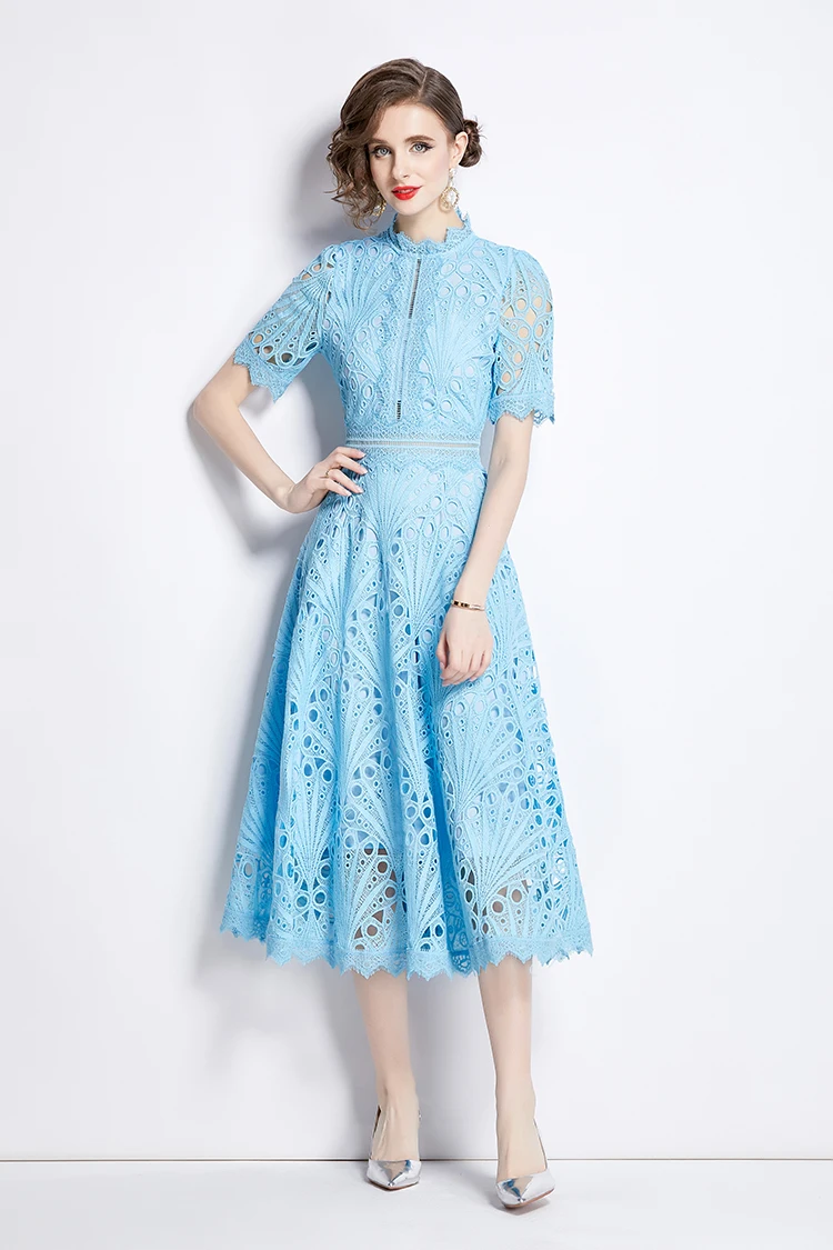 H Han Queen Spring New Elegant Casual Work Party Dresses Floral Crochet Hollow Out Lace Patchwork Casual Office Midi Dress